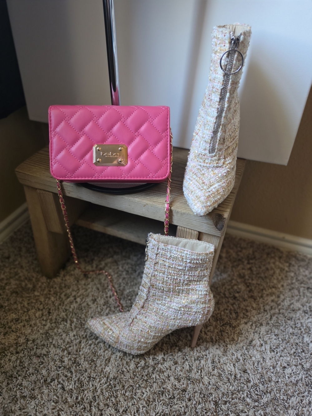Cape Robbin Tweed Pointed Toe Stiletto Booties in Ivory with Pink & Gold Accents